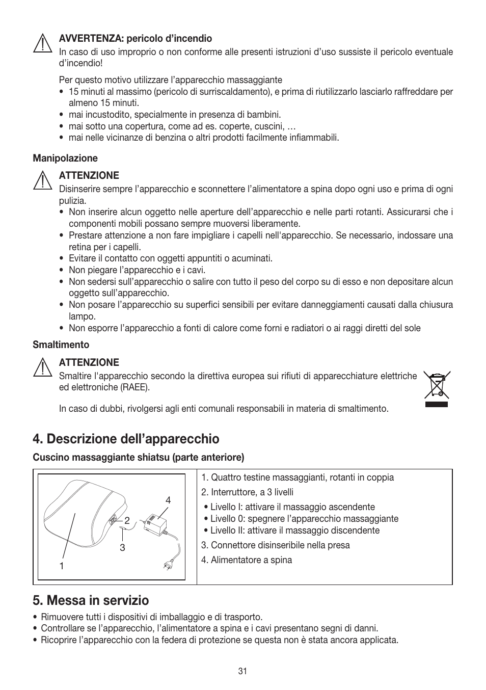 Descrizione dell’apparecchio, Messa in servizio | Beurer MG 140 User Manual | Page 31 / 56