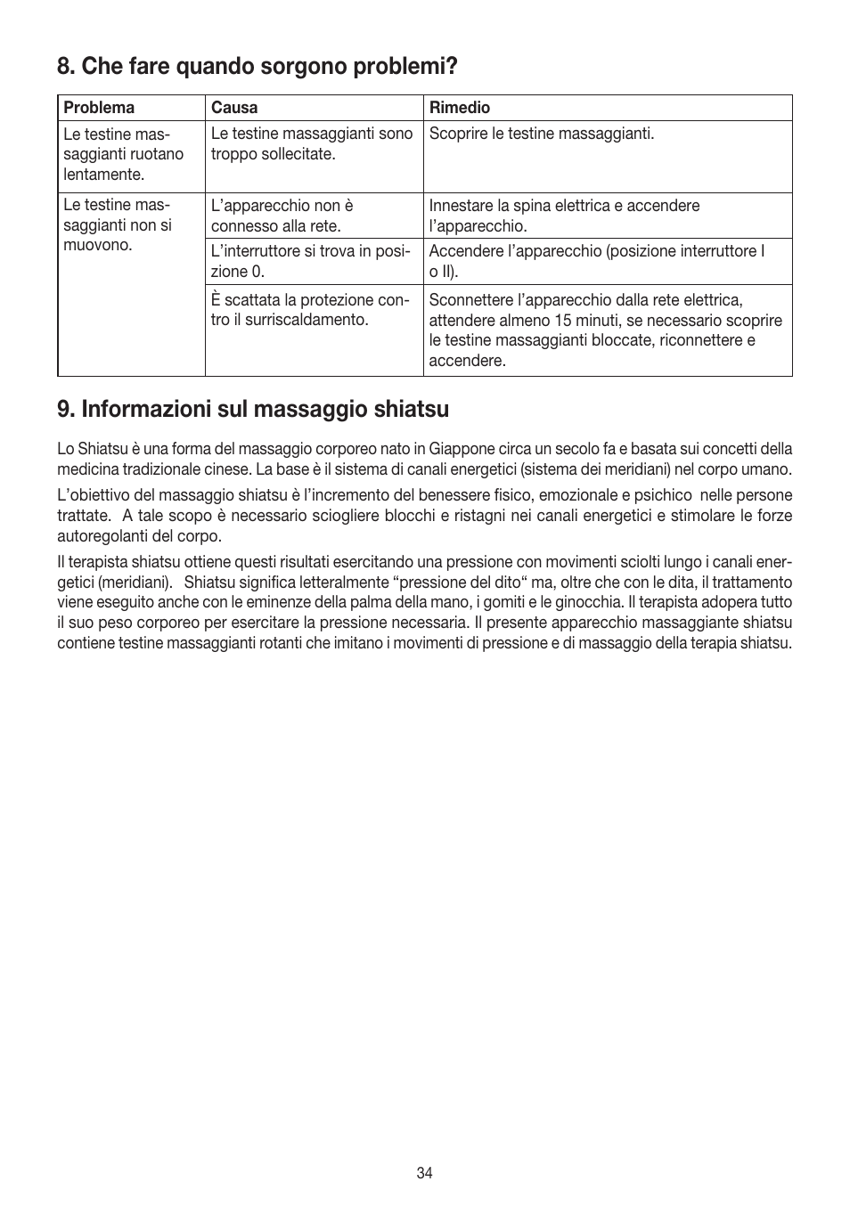 Che fare quando sorgono problemi, Informazioni sul massaggio shiatsu | Beurer MG 140 User Manual | Page 34 / 56