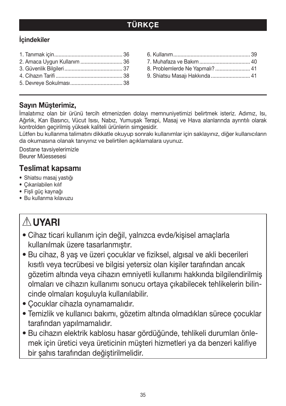 Uyari | Beurer MG 140 User Manual | Page 35 / 56