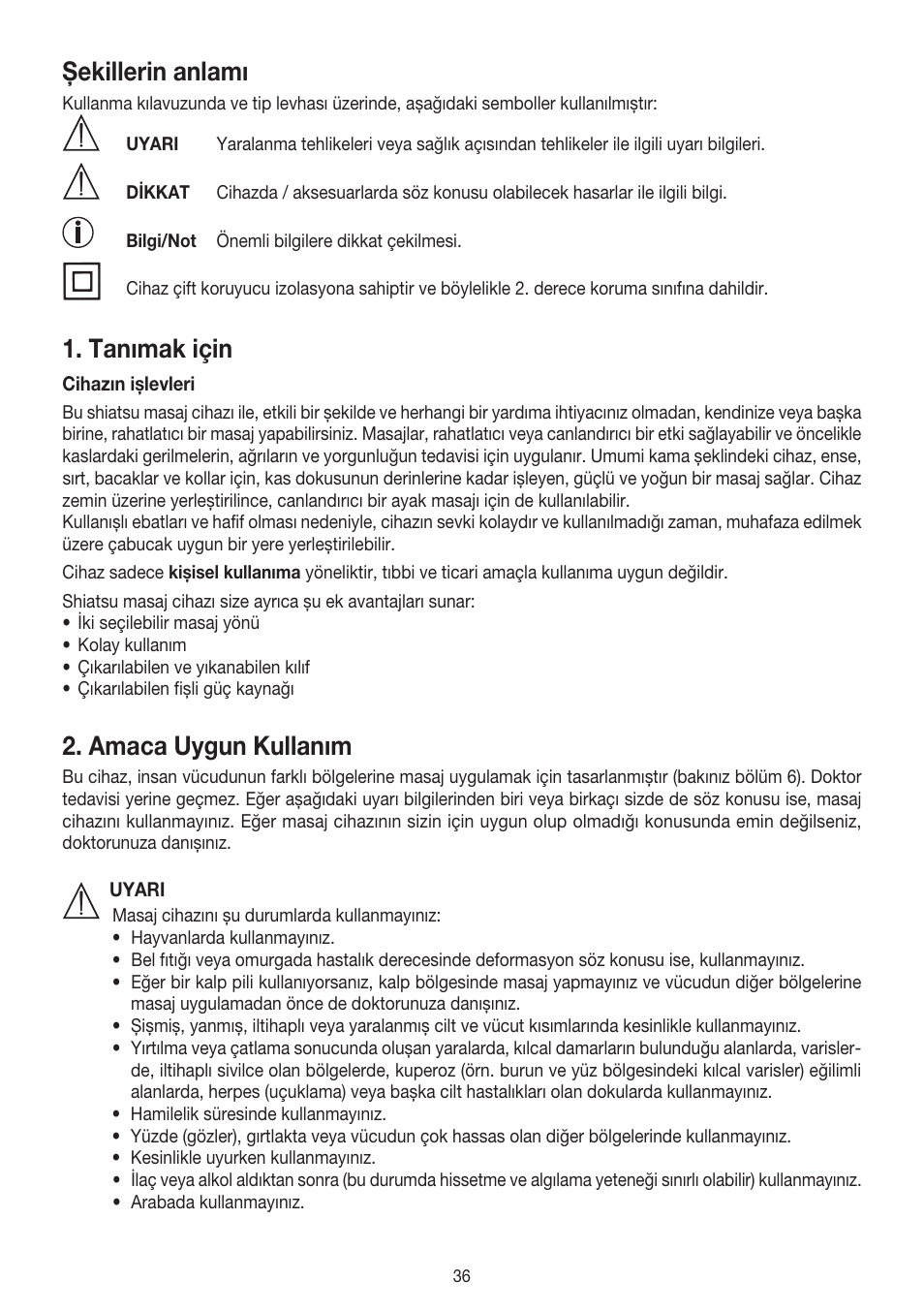 Şekillerin anlamı, Tanımak için, Amaca uygun kullanım | Beurer MG 140 User Manual | Page 36 / 56