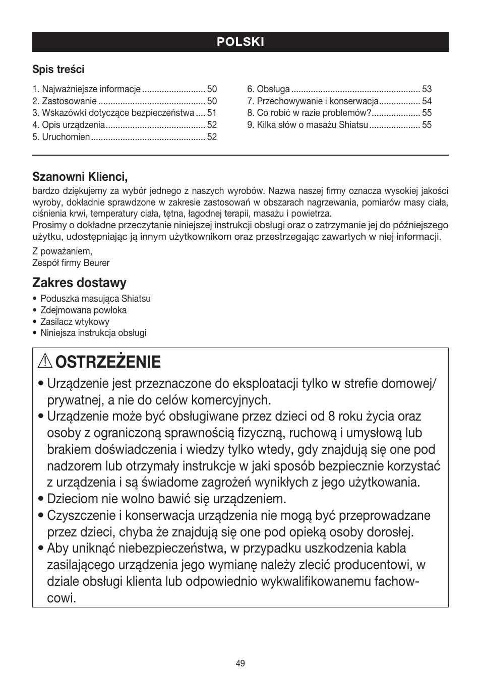 Ostrzeżenie | Beurer MG 140 User Manual | Page 49 / 56