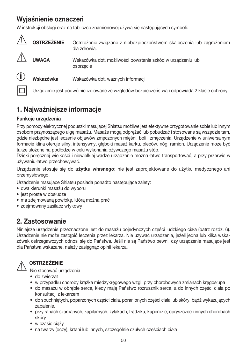 Wyjaśnienie oznaczeń, Najważniejsze informacje, Zastosowanie | Beurer MG 140 User Manual | Page 50 / 56