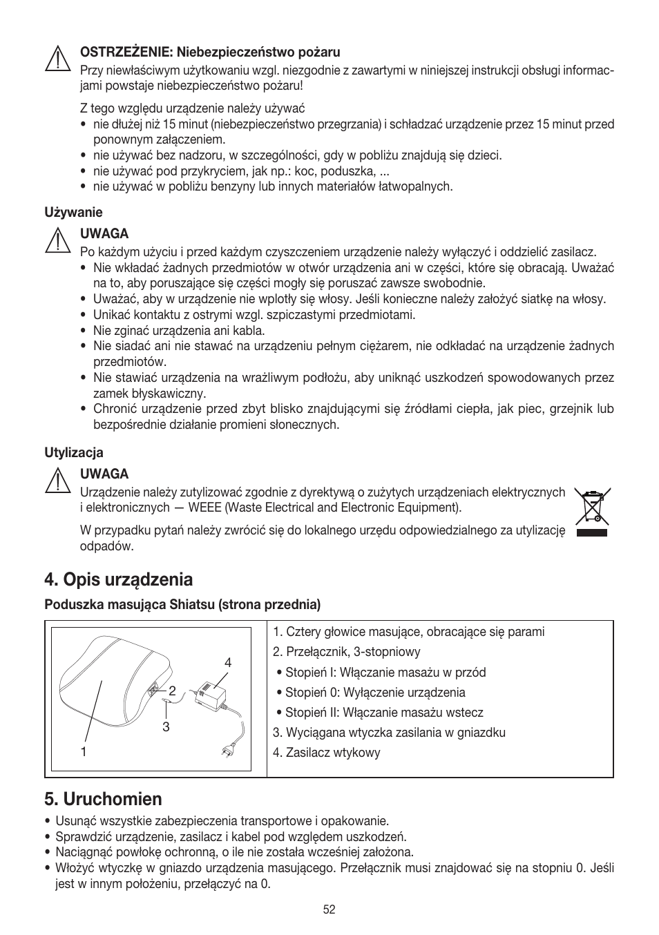 Opis urządzenia, Uruchomien | Beurer MG 140 User Manual | Page 52 / 56