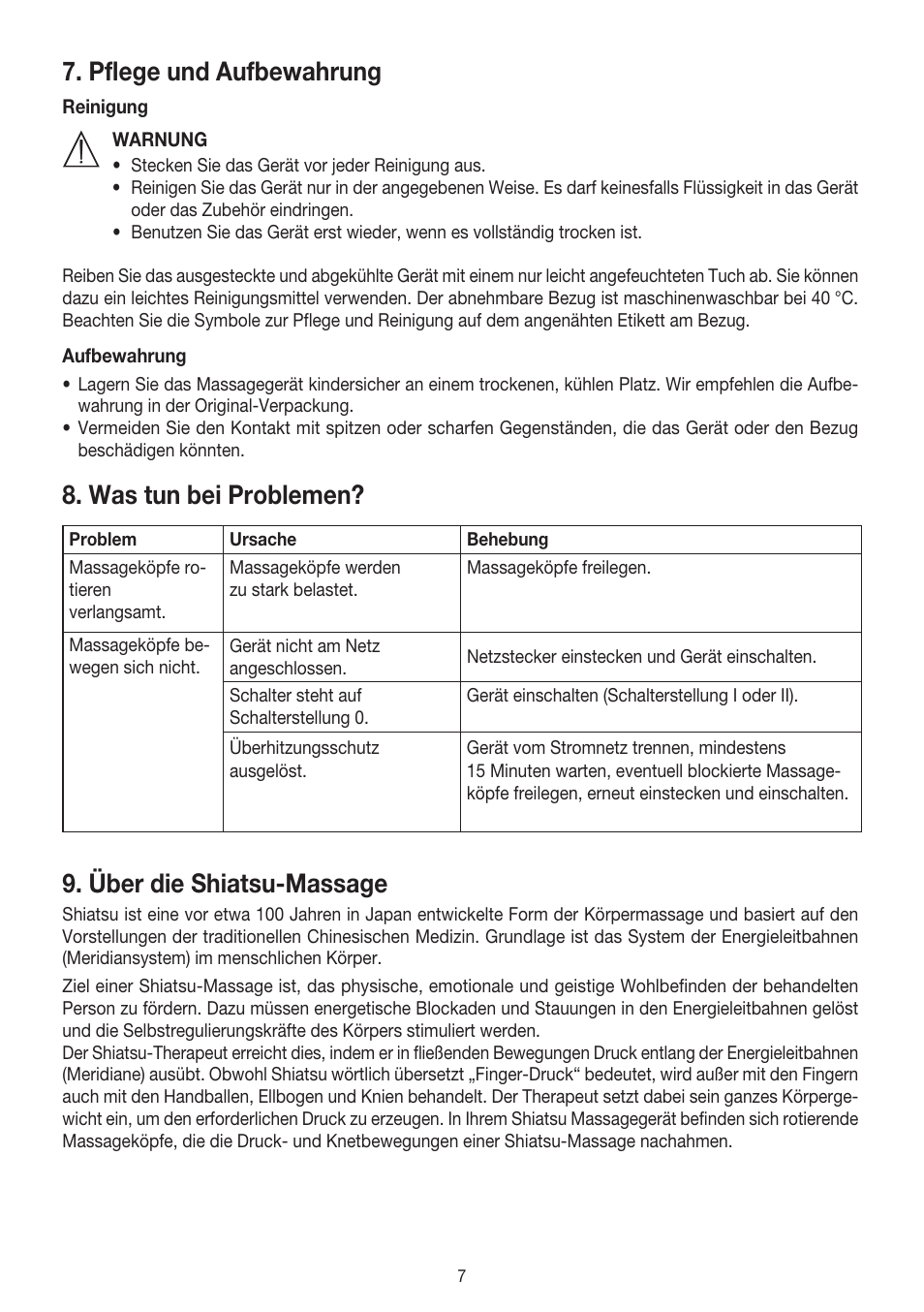 Pflege und aufbewahrung, Was tun bei problemen, Über die shiatsu-massage | Beurer MG 140 User Manual | Page 7 / 56