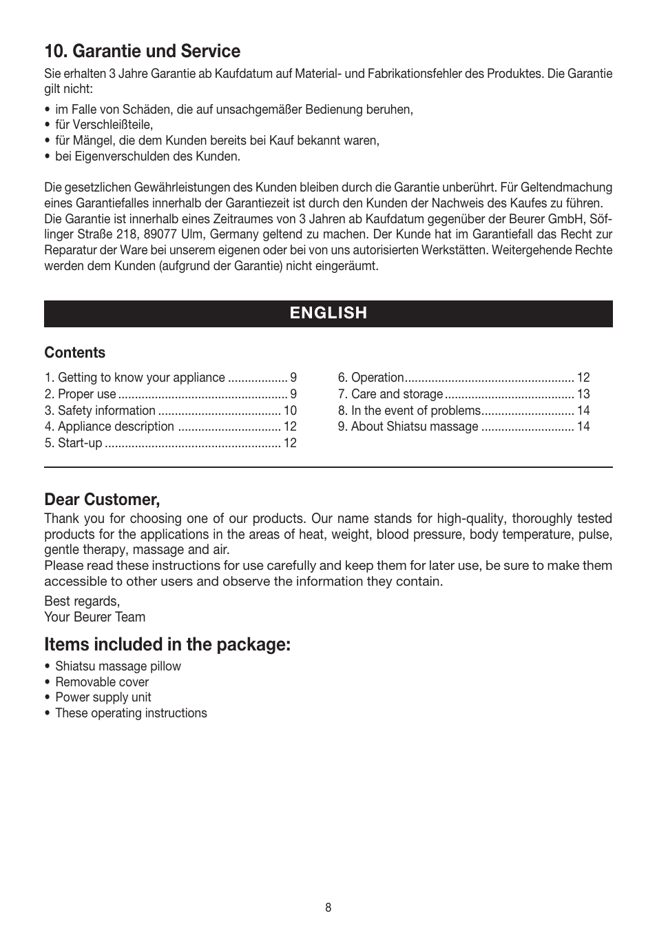 Garantie und service, Items included in the package | Beurer MG 140 User Manual | Page 8 / 56