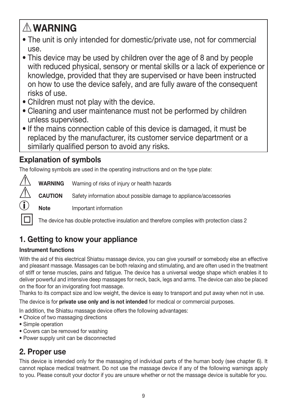 Warning, Getting to know your appliance, Proper use | Beurer MG 140 User Manual | Page 9 / 56