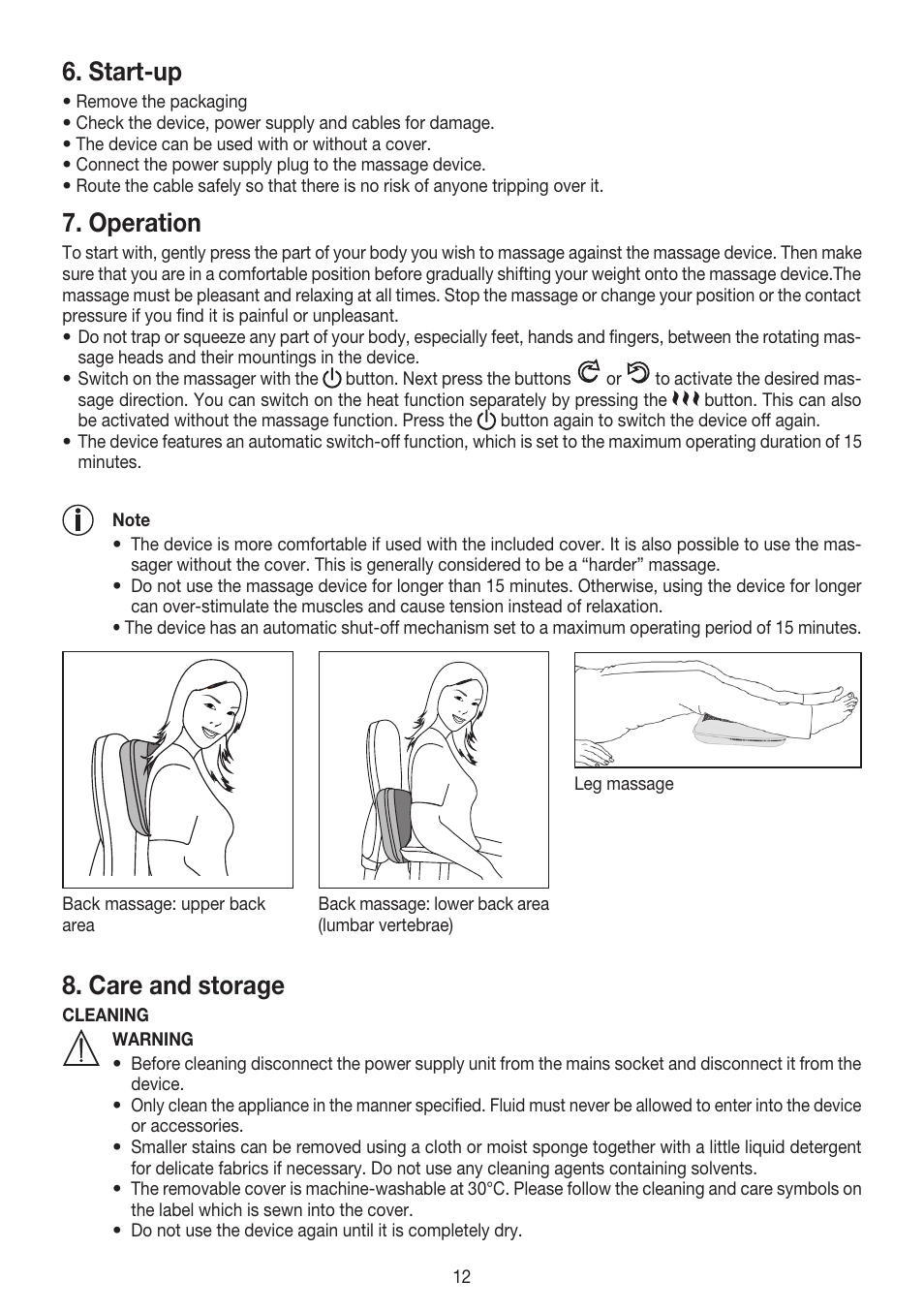 Start-up, Operation, Care and storage | Beurer MG 147 User Manual | Page 12 / 52