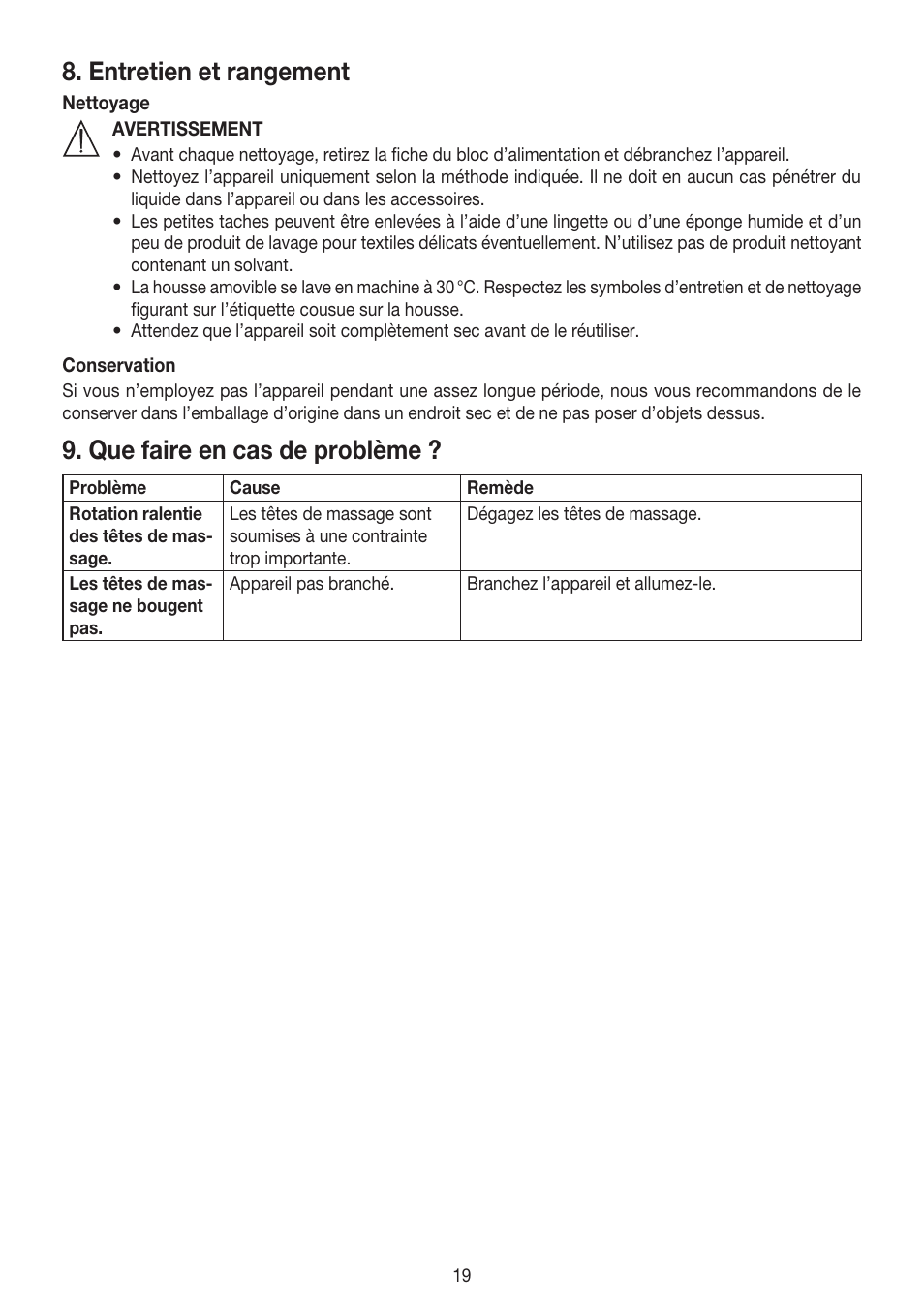 Entretien et rangement, Que faire en cas de problème | Beurer MG 147 User Manual | Page 19 / 52