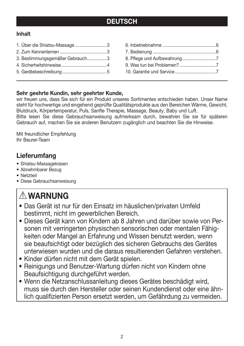 Warnung | Beurer MG 147 User Manual | Page 2 / 52