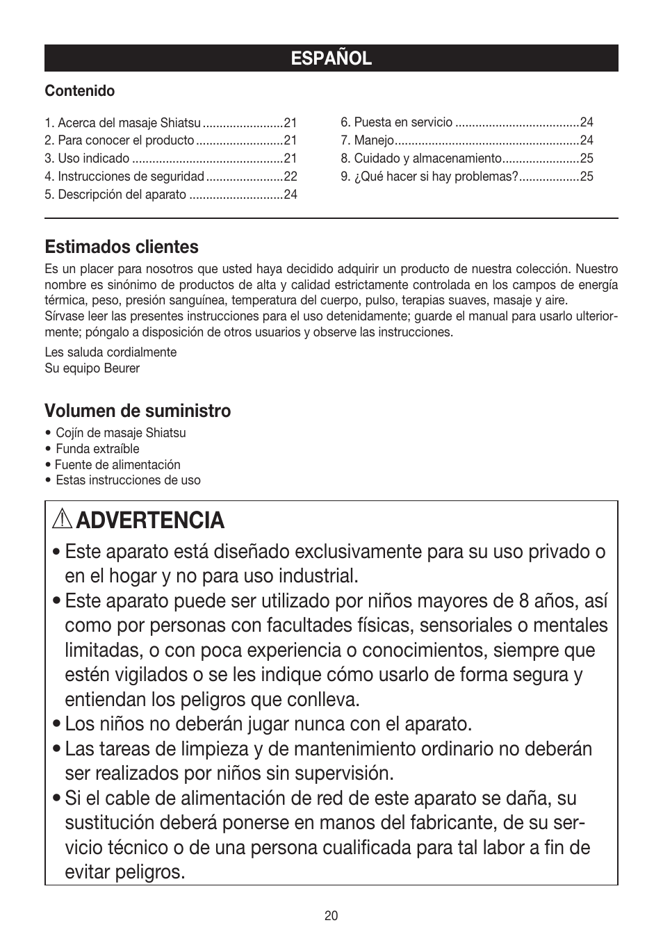 Advertencia | Beurer MG 147 User Manual | Page 20 / 52