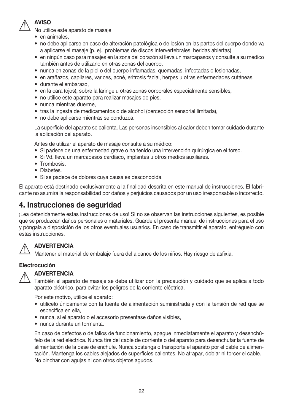 Instrucciones de seguridad | Beurer MG 147 User Manual | Page 22 / 52