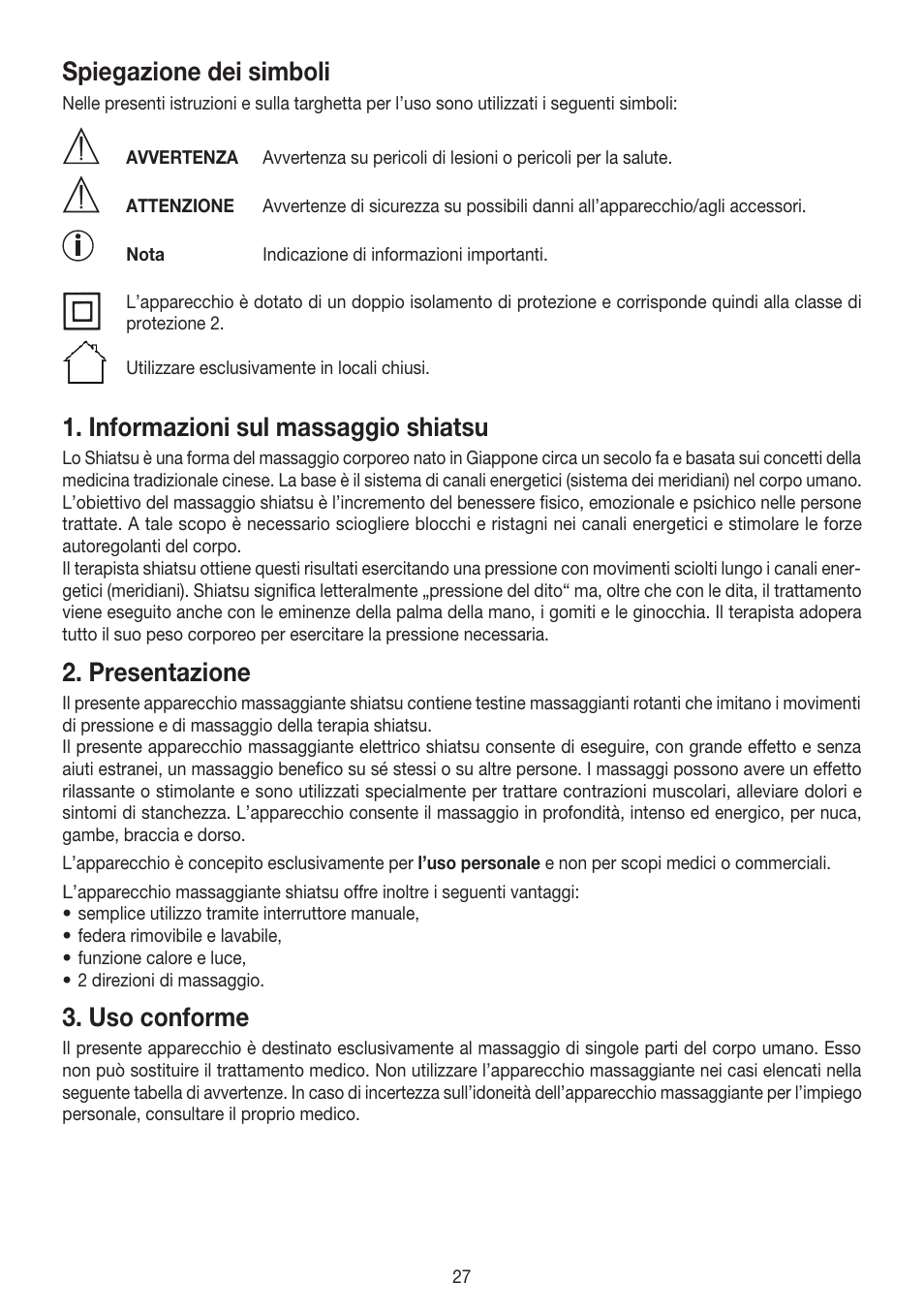 Spiegazione dei simboli, Informazioni sul massaggio shiatsu, Presentazione | Uso conforme | Beurer MG 147 User Manual | Page 27 / 52