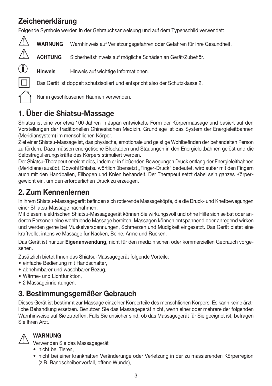 Zeichenerklärung, Über die shiatsu-massage, Zum kennenlernen | Bestimmungsgemäßer gebrauch | Beurer MG 147 User Manual | Page 3 / 52