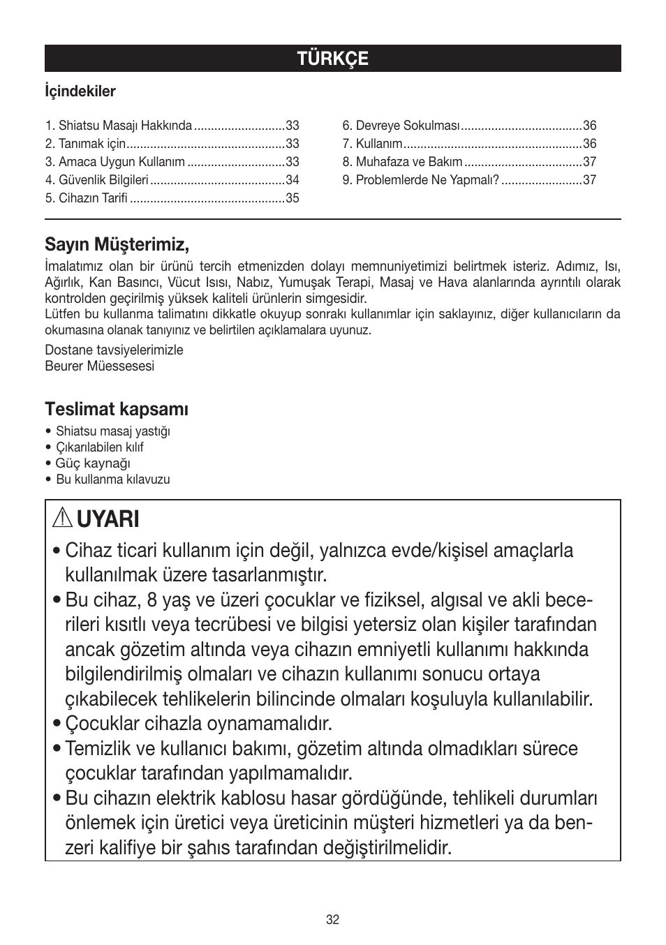 Uyari | Beurer MG 147 User Manual | Page 32 / 52