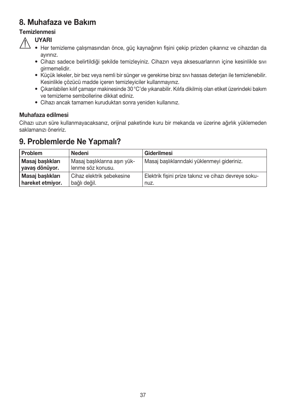 Muhafaza ve bakım, Problemlerde ne yapmalı | Beurer MG 147 User Manual | Page 37 / 52