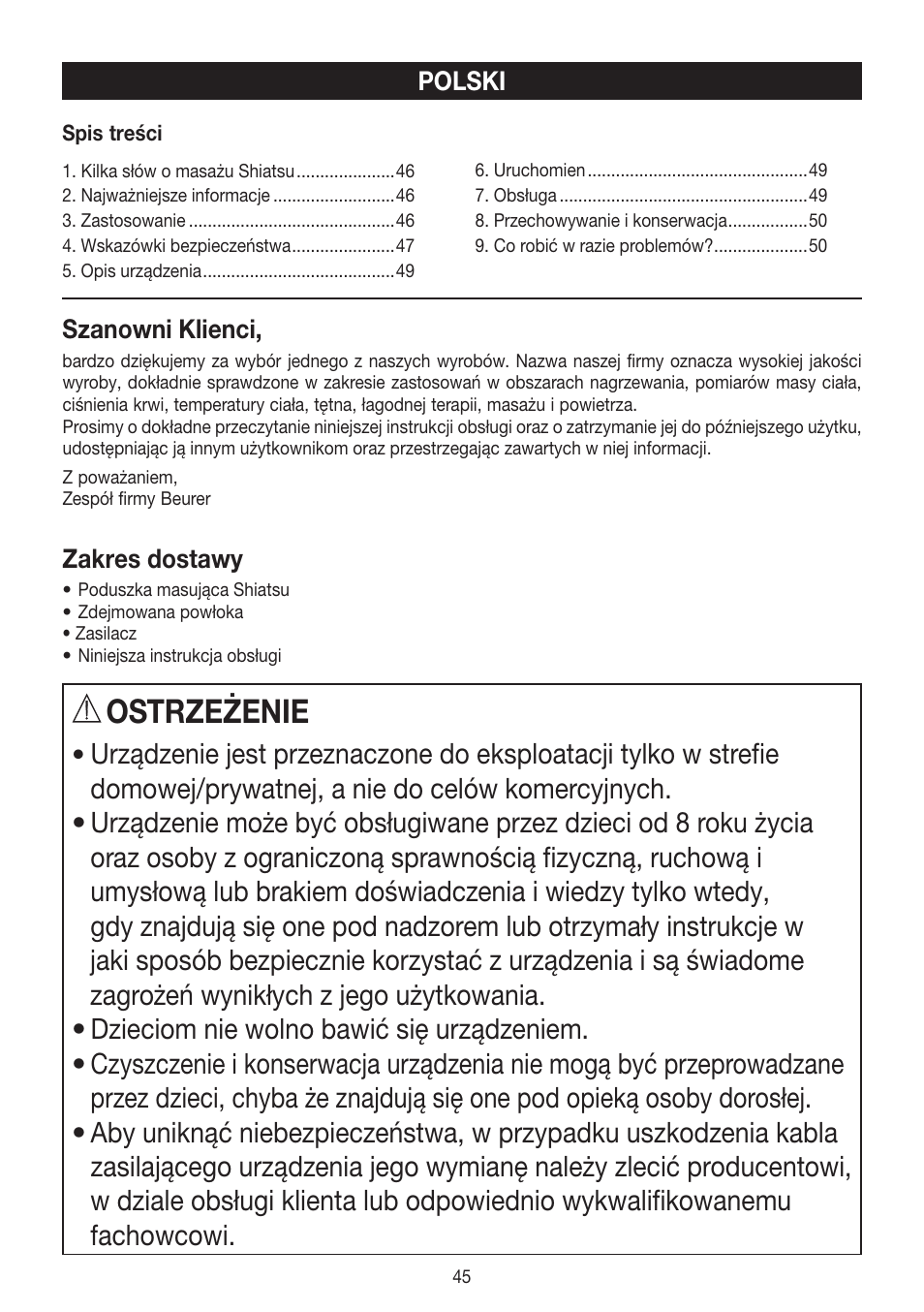 Ostrzeżenie | Beurer MG 147 User Manual | Page 45 / 52