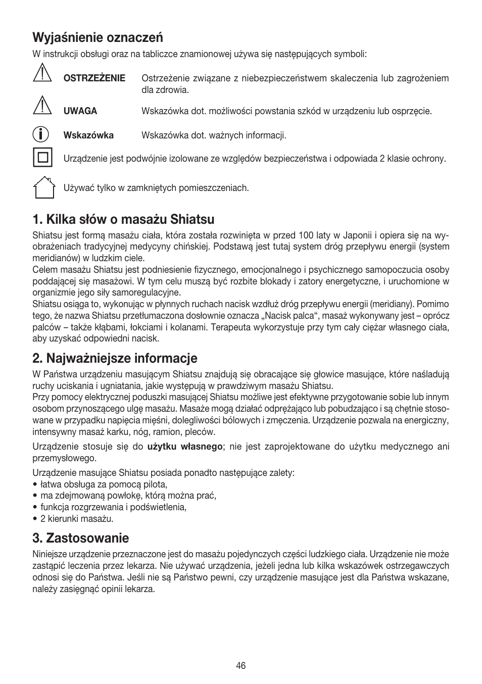 Wyjaśnienie oznaczeń, Kilka słów o masażu shiatsu, Najważniejsze informacje | Zastosowanie | Beurer MG 147 User Manual | Page 46 / 52