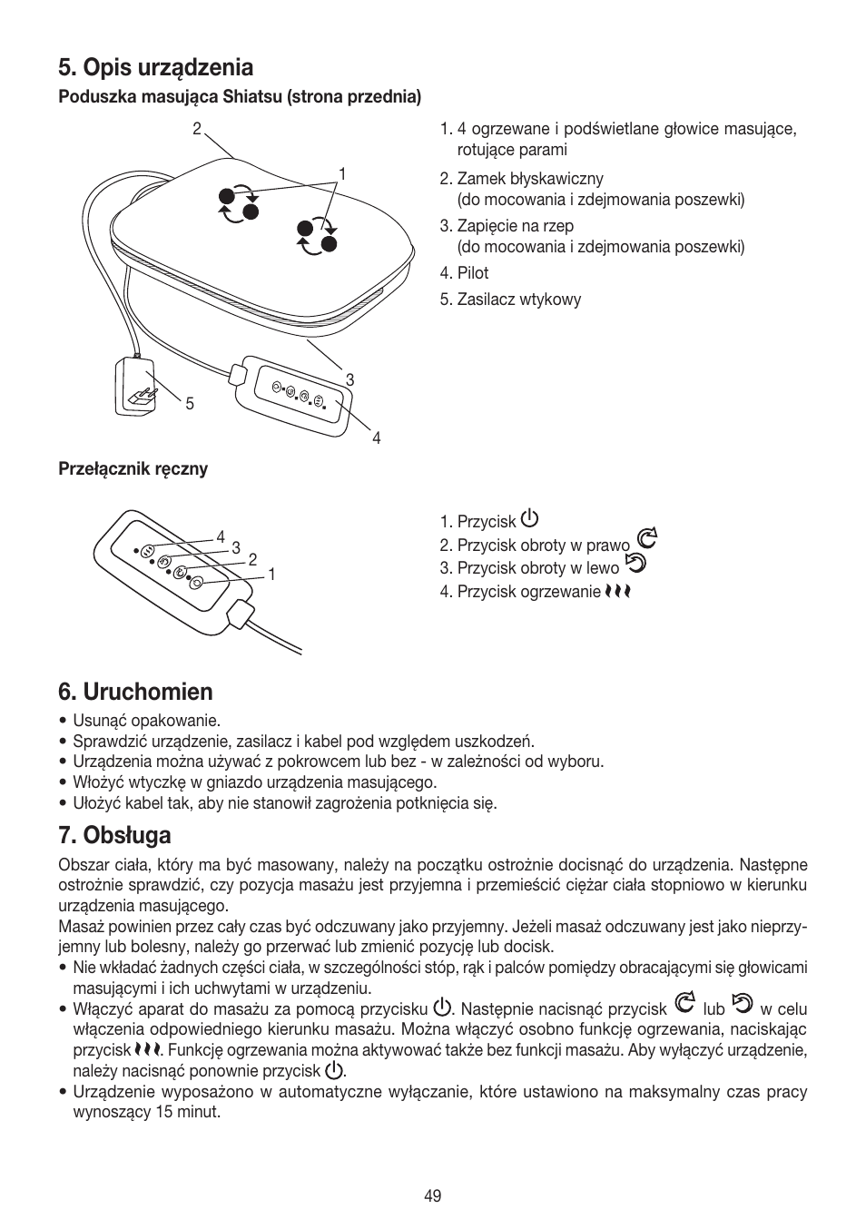 Opis urządzenia, Uruchomien, Obsługa | Beurer MG 147 User Manual | Page 49 / 52