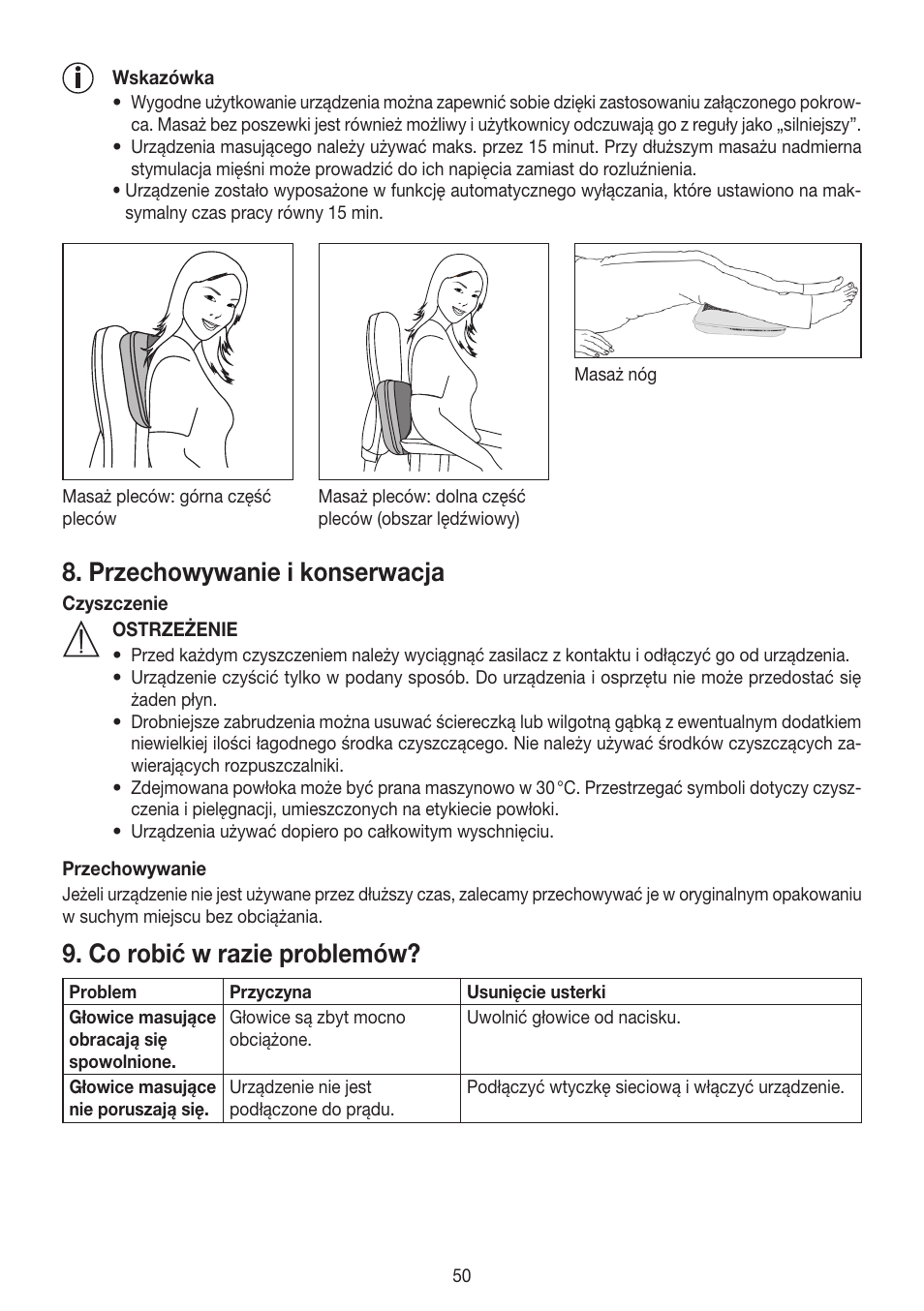 Przechowywanie i konserwacja, Co robić w razie problemów | Beurer MG 147 User Manual | Page 50 / 52