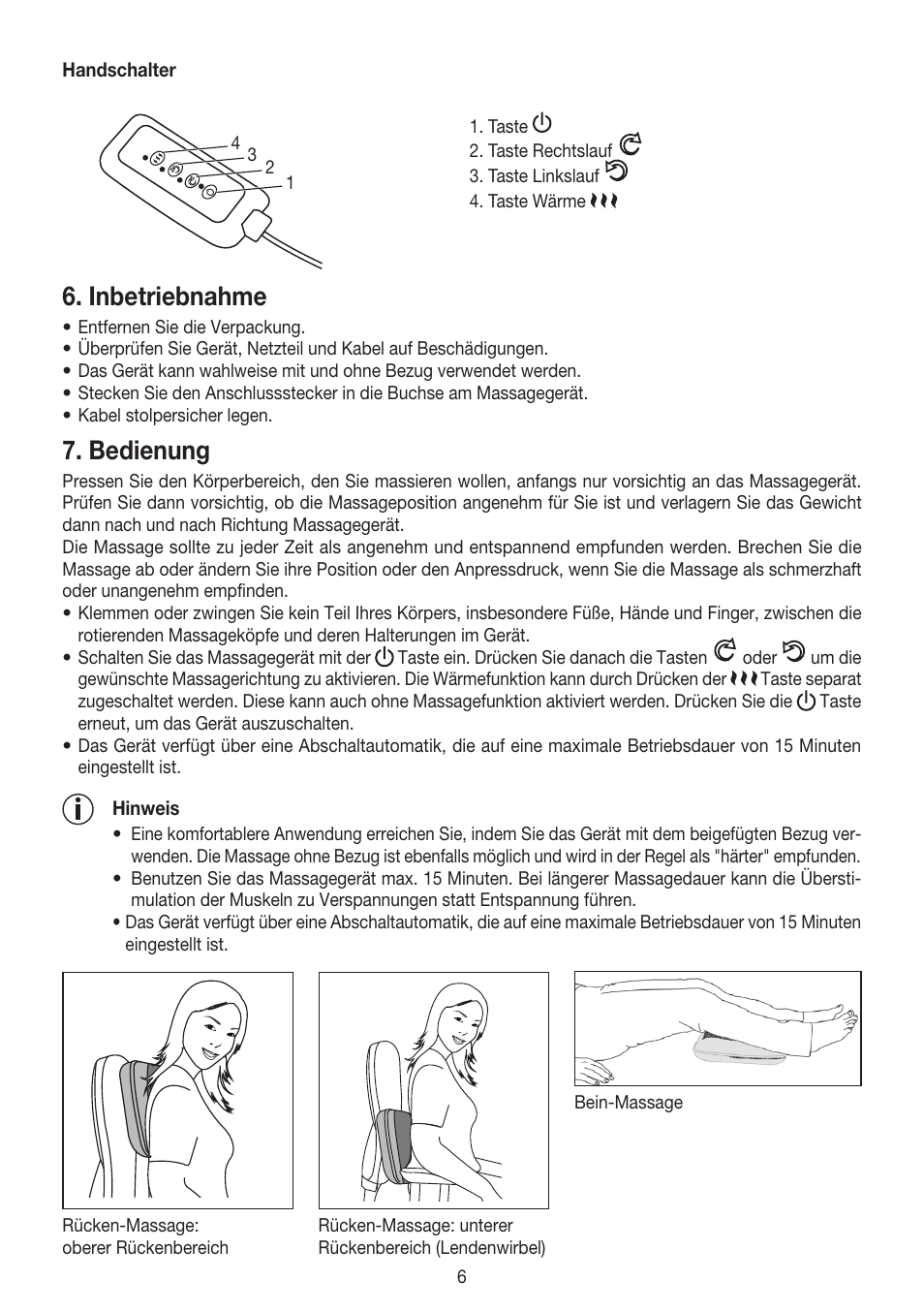 Inbetriebnahme, Bedienung | Beurer MG 147 User Manual | Page 6 / 52
