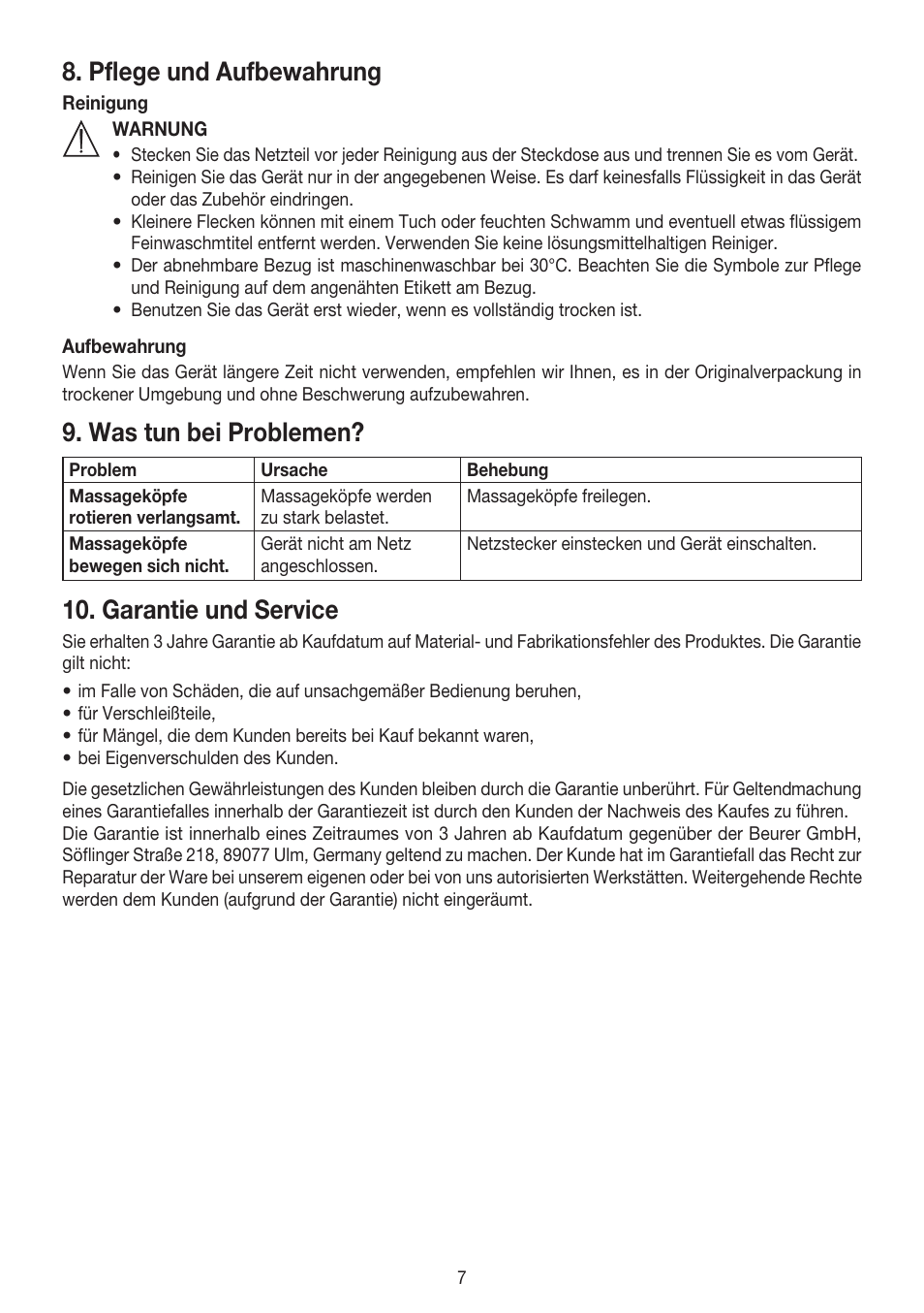 Pflege und aufbewahrung, Was tun bei problemen, Garantie und service | Beurer MG 147 User Manual | Page 7 / 52