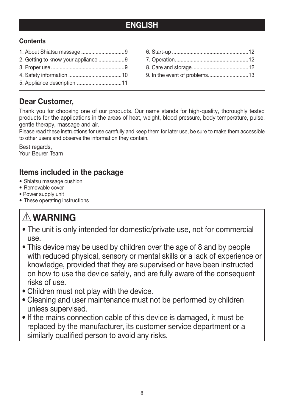 Warning | Beurer MG 147 User Manual | Page 8 / 52