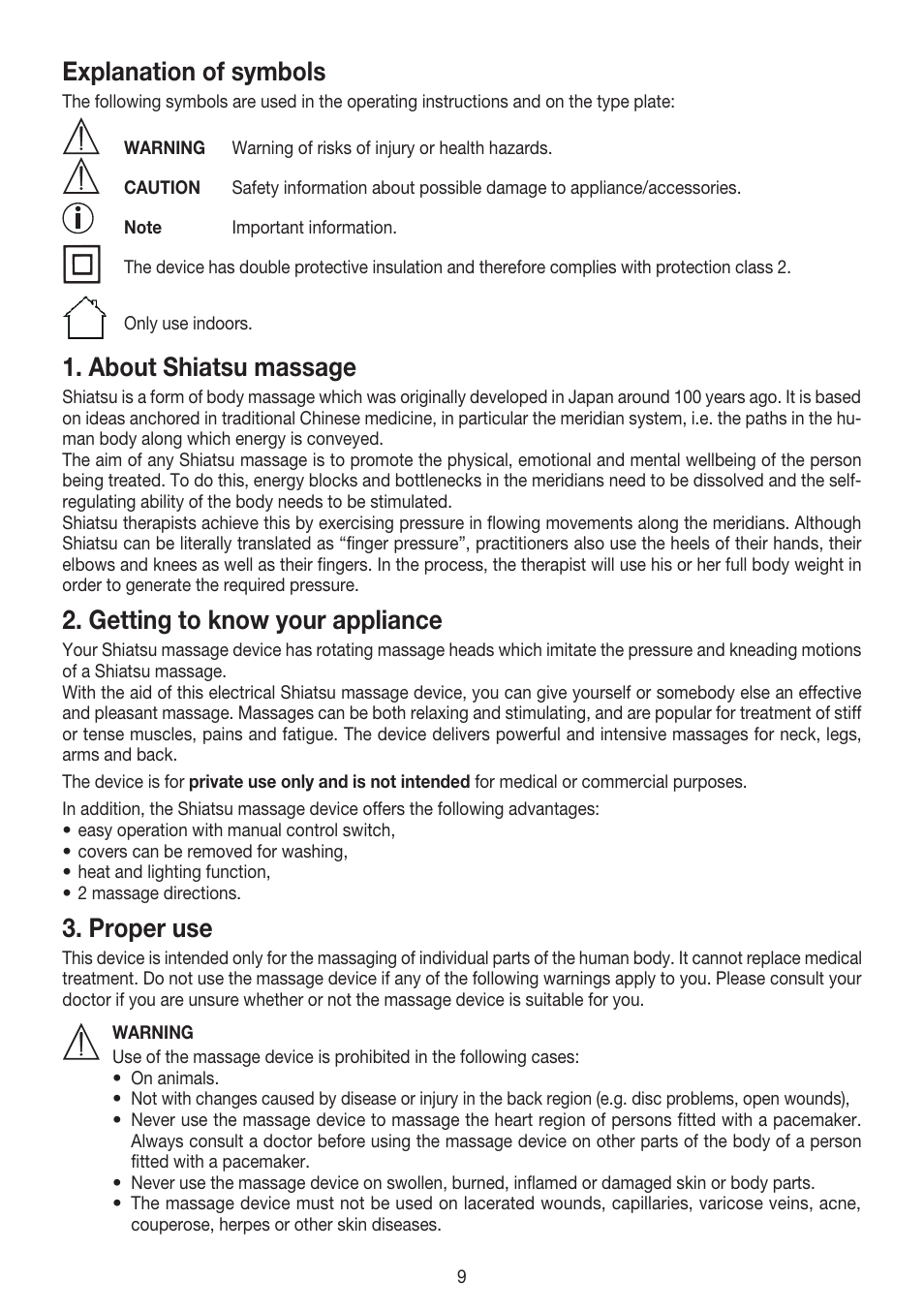 Explanation of symbols, About shiatsu massage, Getting to know your appliance | Proper use | Beurer MG 147 User Manual | Page 9 / 52