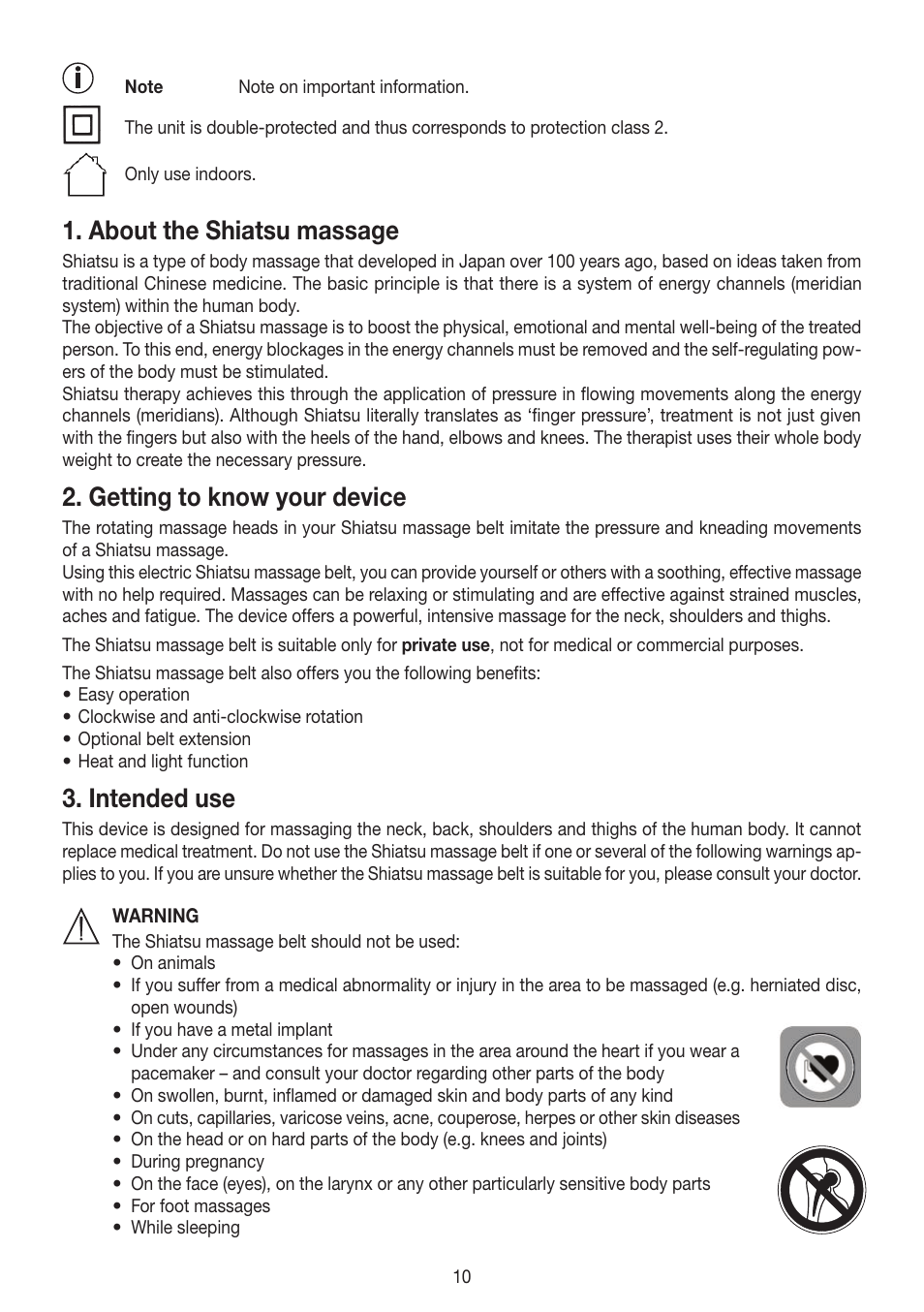 About the shiatsu massage, Getting to know your device, Intended use | Beurer MG 148 User Manual | Page 10 / 60
