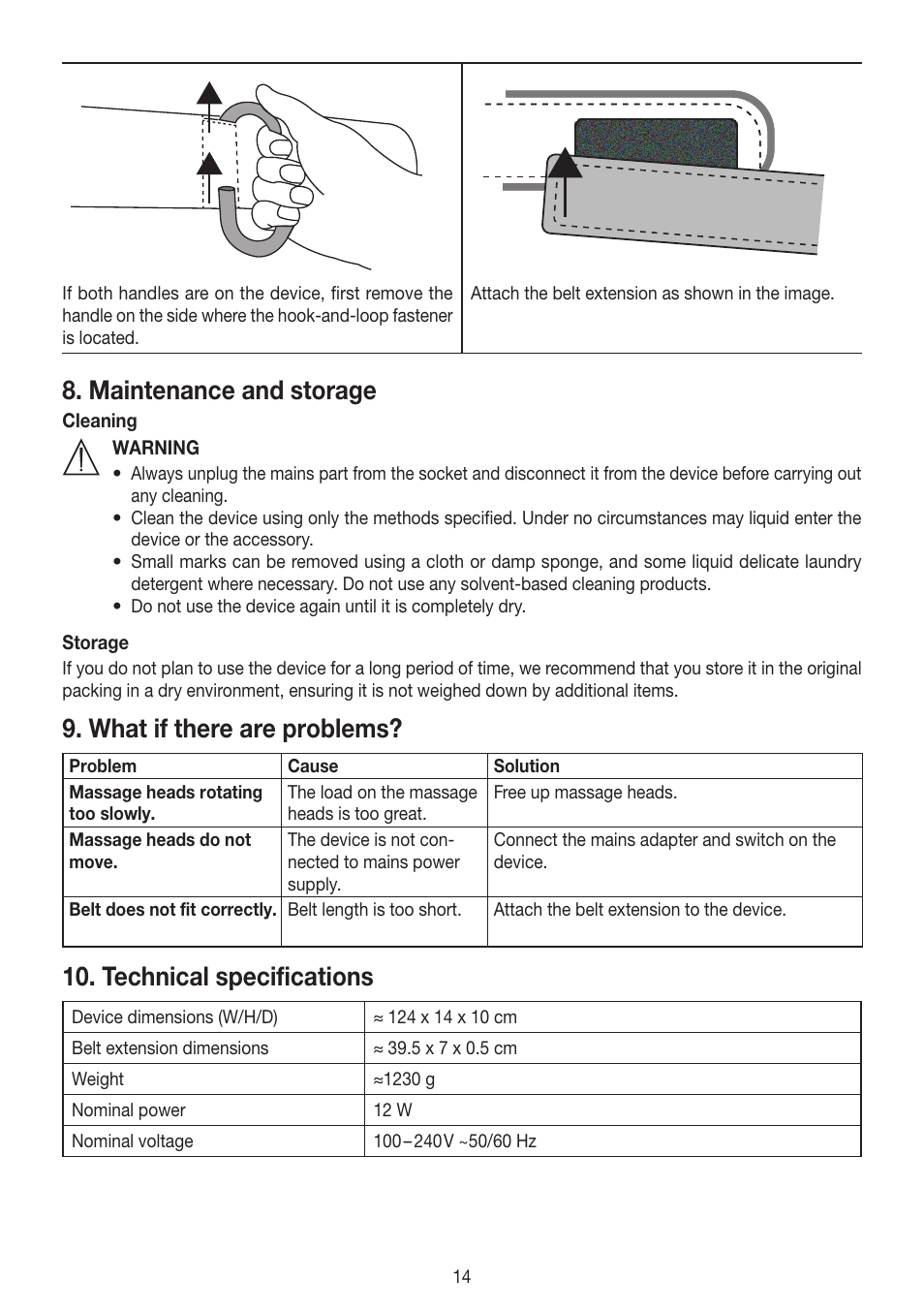 Maintenance and storage, What if there are problems, Technical specifications | Beurer MG 148 User Manual | Page 14 / 60