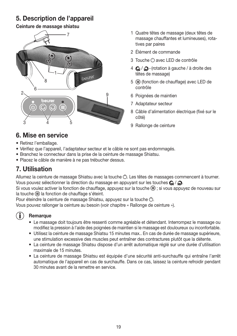 Description de l’appareil, Mise en service, Utilisation | Beurer MG 148 User Manual | Page 19 / 60