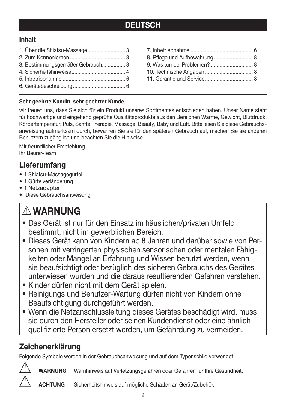 Warnung, Deutsch, Lieferumfang | Beurer MG 148 User Manual | Page 2 / 60