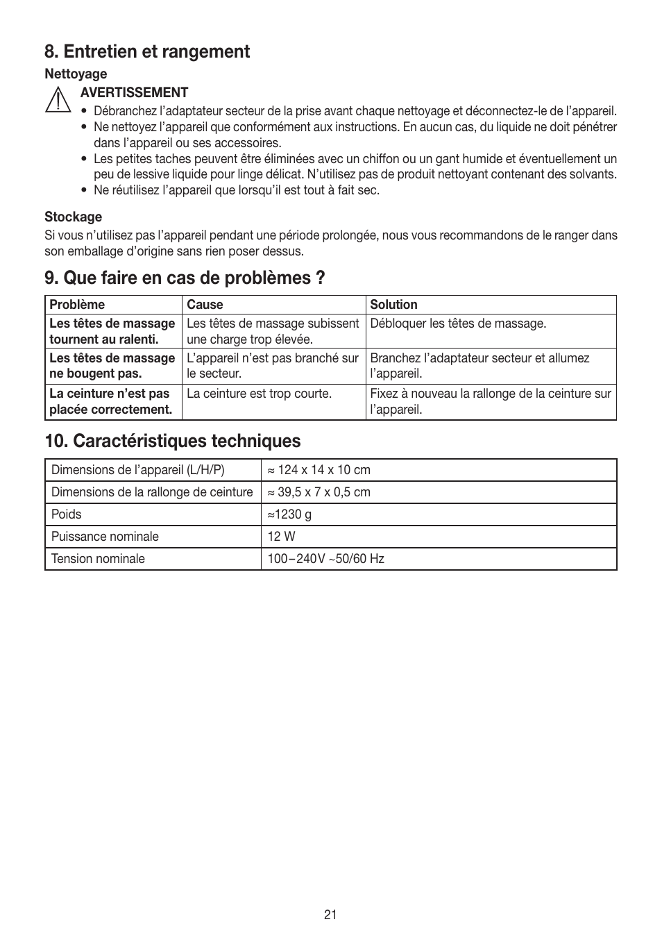 Entretien et rangement, Que faire en cas de problèmes, Caractéristiques techniques | Beurer MG 148 User Manual | Page 21 / 60