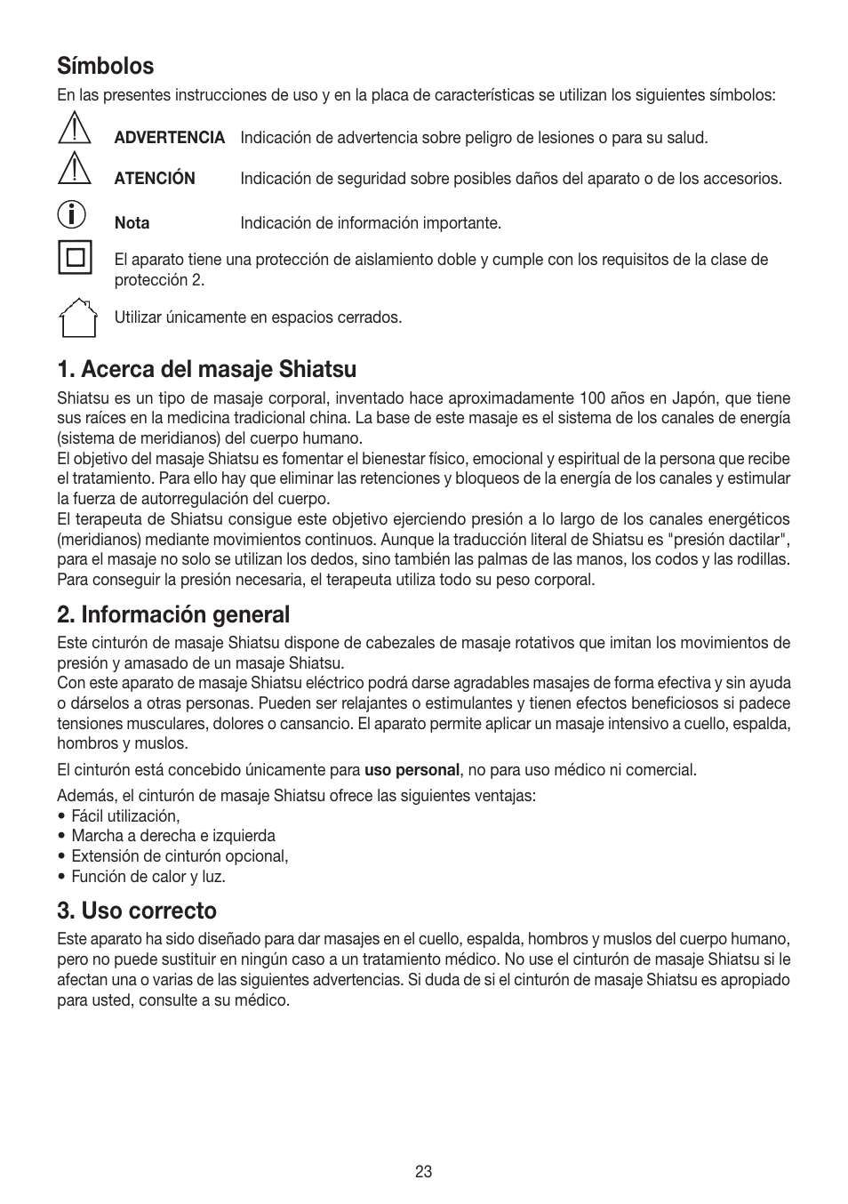 Símbolos, Acerca del masaje shiatsu, Información general | Uso correcto | Beurer MG 148 User Manual | Page 23 / 60