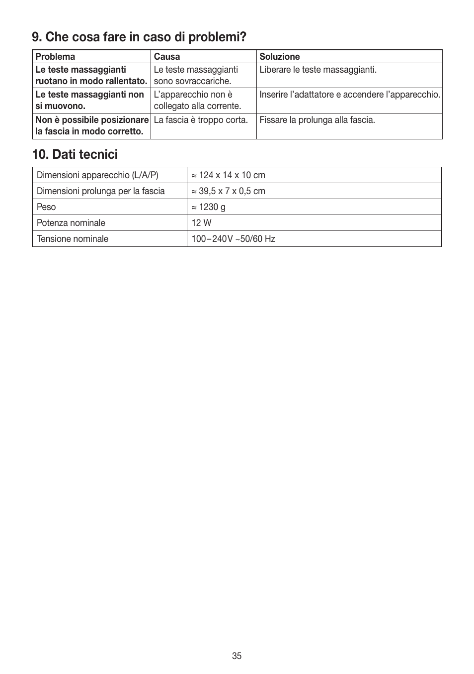 Che cosa fare in caso di problemi, Dati tecnici | Beurer MG 148 User Manual | Page 35 / 60
