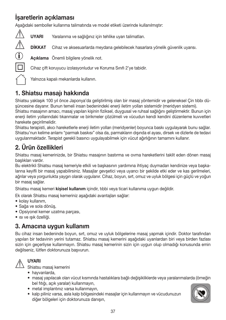 Işaretlerin açıklaması, Shiatsu masajı hakkında, Ürün özellikleri | Amacına uygun kullanım | Beurer MG 148 User Manual | Page 37 / 60