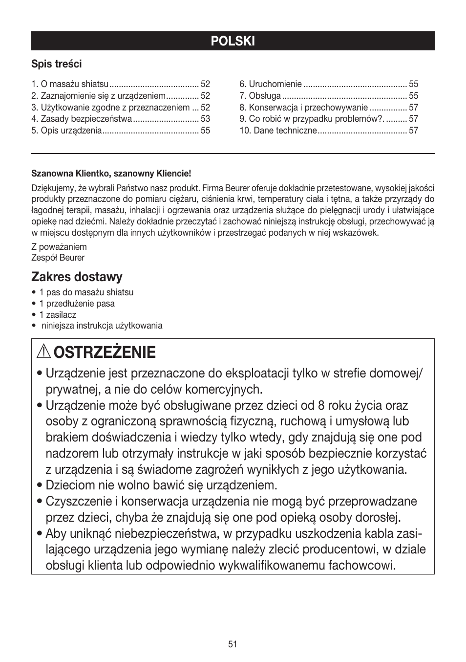 Ostrzeżenie | Beurer MG 148 User Manual | Page 51 / 60