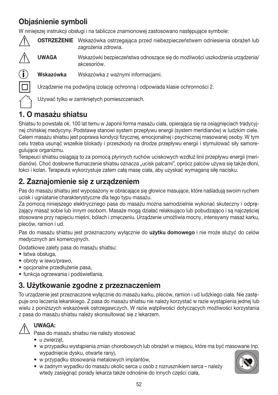 Objaśnienie symboli, O masażu shiatsu, Zaznajomienie się z urządzeniem | Użytkowanie zgodne z przeznaczeniem | Beurer MG 148 User Manual | Page 52 / 60