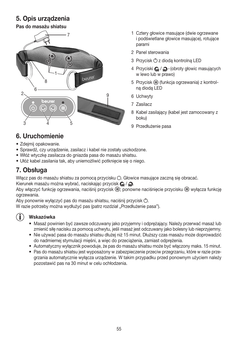 Opis urządzenia, Uruchomienie, Obsługa | Beurer MG 148 User Manual | Page 55 / 60