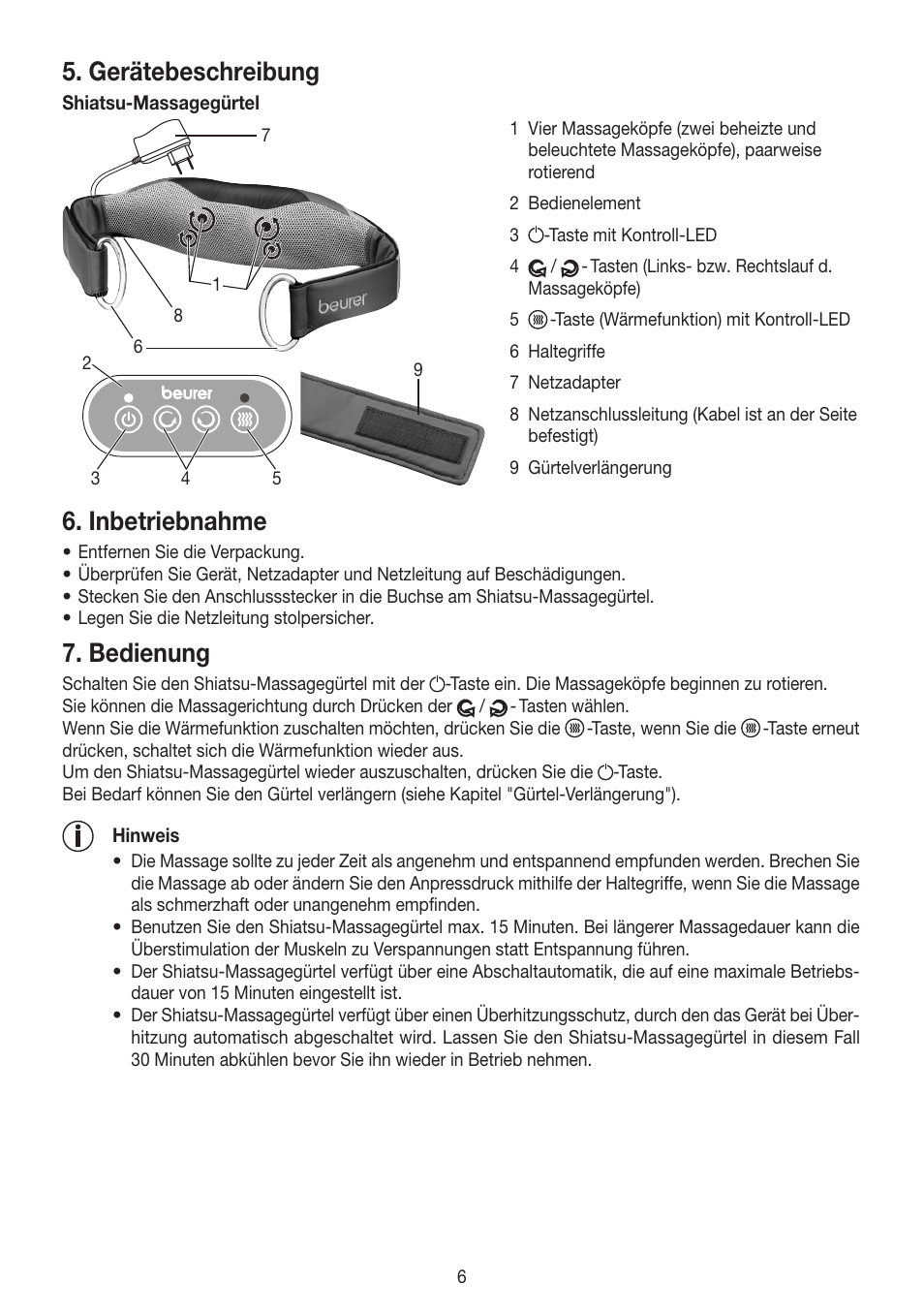 Gerätebeschreibung, Inbetriebnahme, Bedienung | Beurer MG 148 User Manual | Page 6 / 60