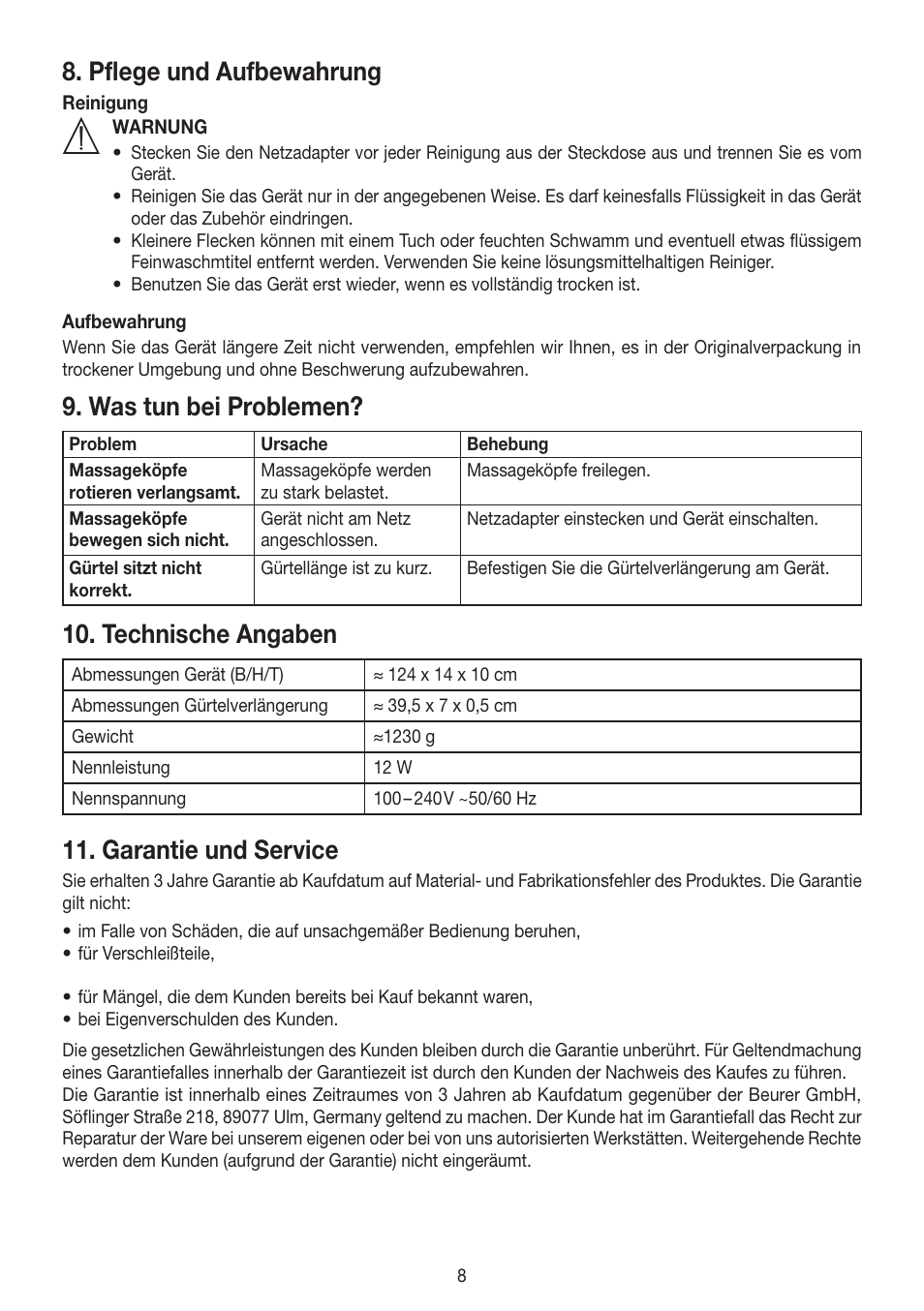 Pflege und aufbewahrung, Was tun bei problemen, Technische angaben | Garantie und service | Beurer MG 148 User Manual | Page 8 / 60