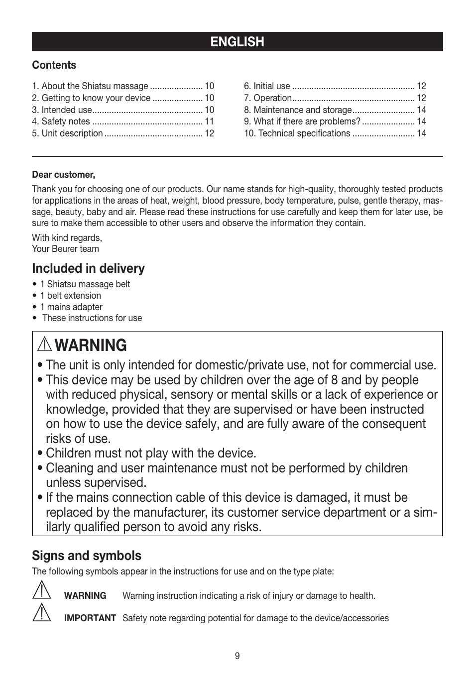Warning, English, Included in delivery | Beurer MG 148 User Manual | Page 9 / 60