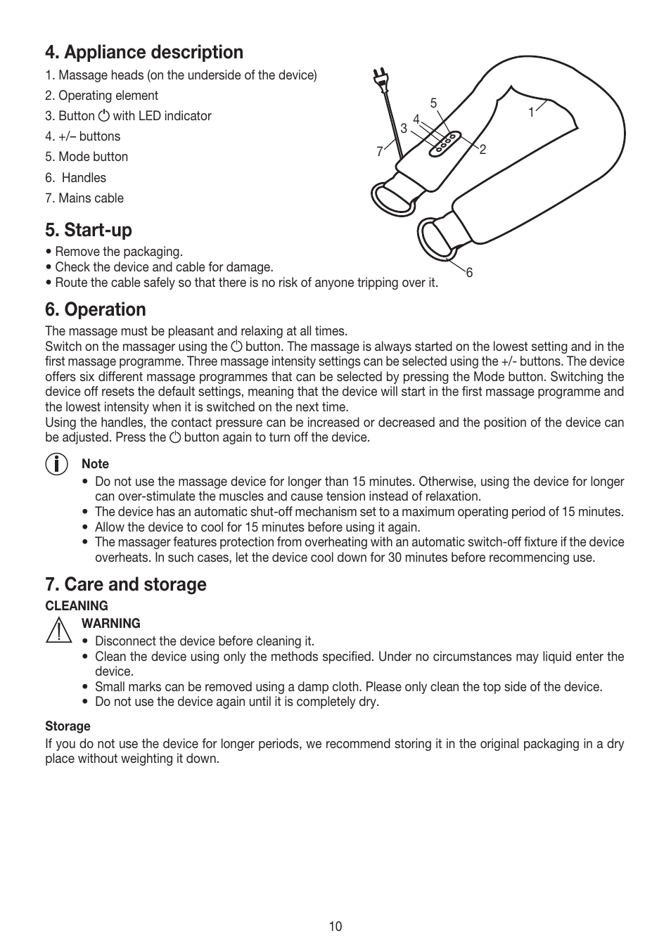 Appliance description, Start-up, Operation | Care and storage | Beurer MG 150 User Manual | Page 10 / 36