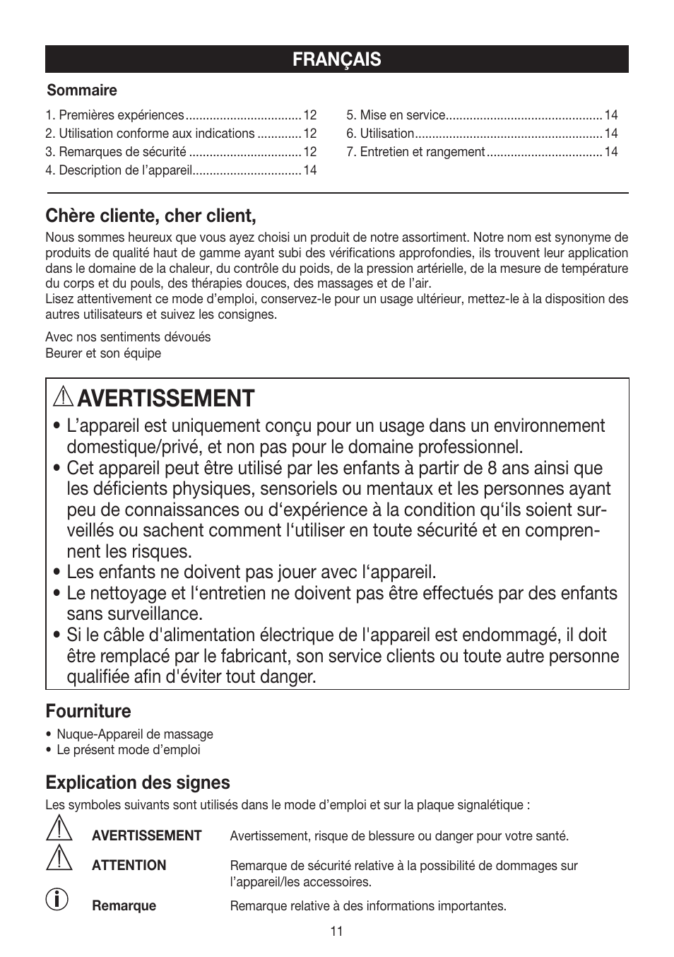 Avertissement, Français chère cliente, cher client, Explication des signes | Beurer MG 150 User Manual | Page 11 / 36