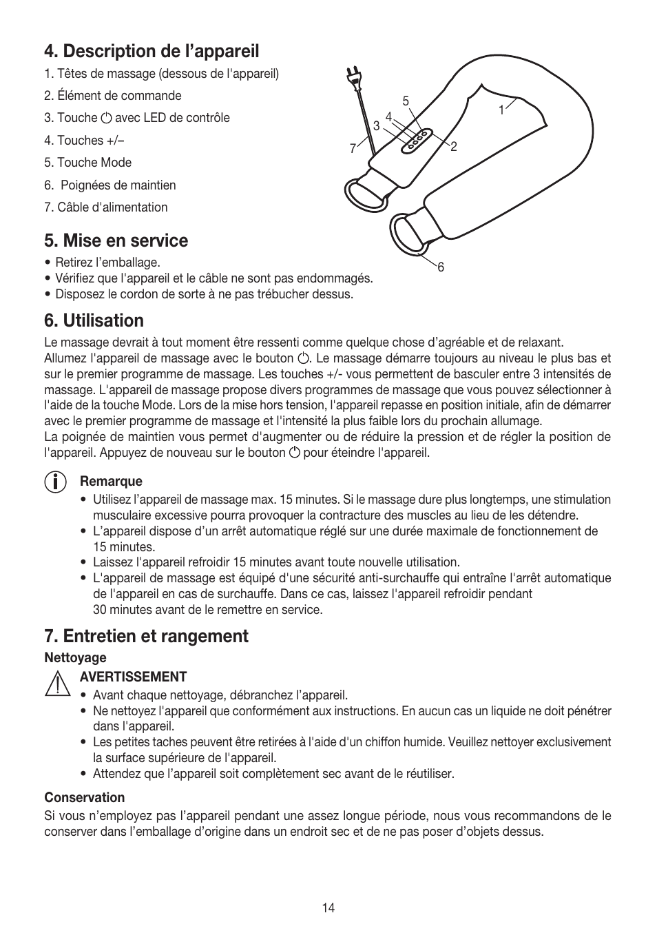 Description de l’appareil, Mise en service, Utilisation | Entretien et rangement | Beurer MG 150 User Manual | Page 14 / 36