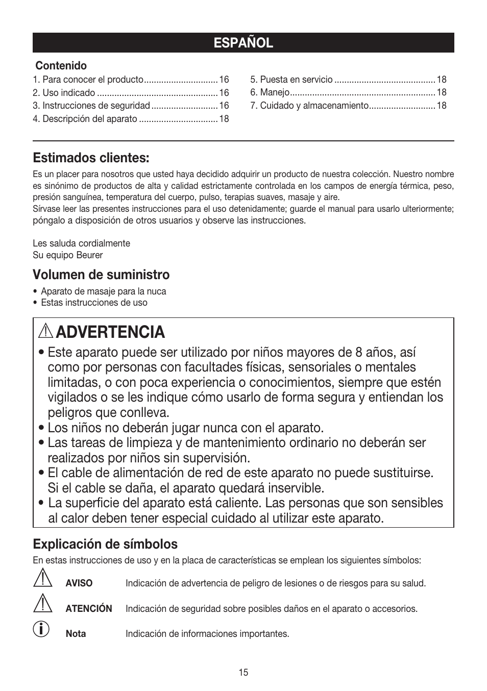 Advertencia, Español estimados clientes, Volumen de suministro | Beurer MG 150 User Manual | Page 15 / 36