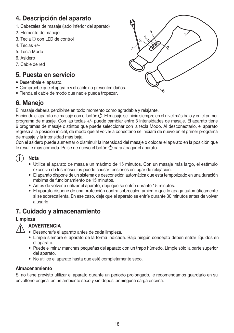 Descripción del aparato, Puesta en servicio, Manejo | Cuidado y almacenamiento | Beurer MG 150 User Manual | Page 18 / 36