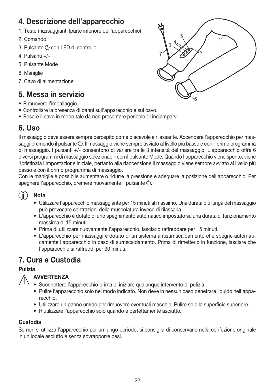 Descrizione dell’apparecchio, Messa in servizio, Cura e custodia | Beurer MG 150 User Manual | Page 22 / 36