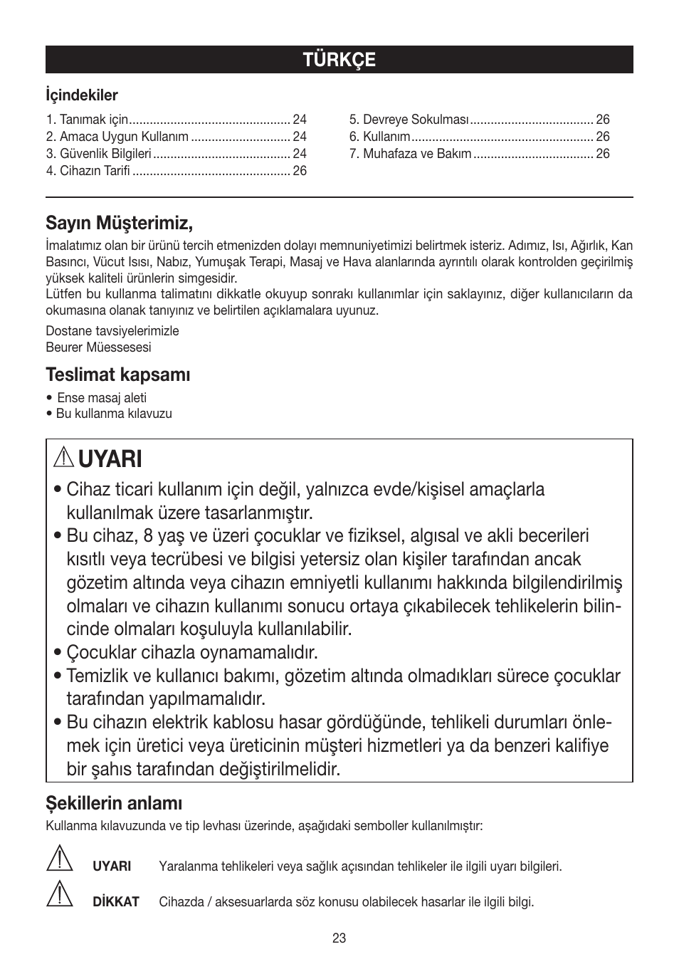 Uyari | Beurer MG 150 User Manual | Page 23 / 36