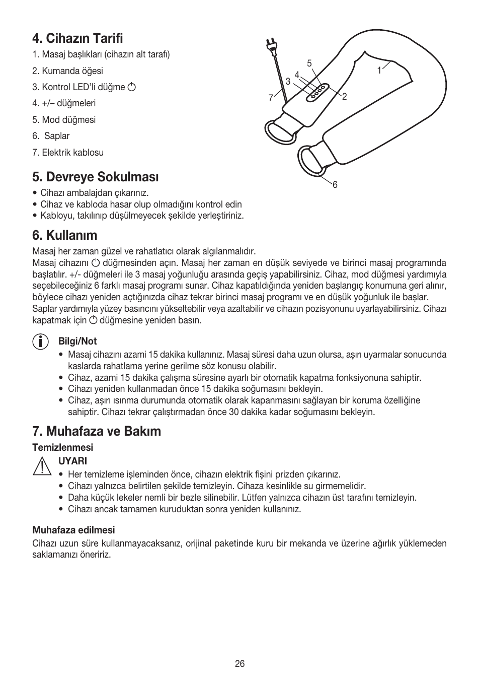 Cihazın tarifi, Devreye sokulması, Kullanım | Muhafaza ve bakım | Beurer MG 150 User Manual | Page 26 / 36