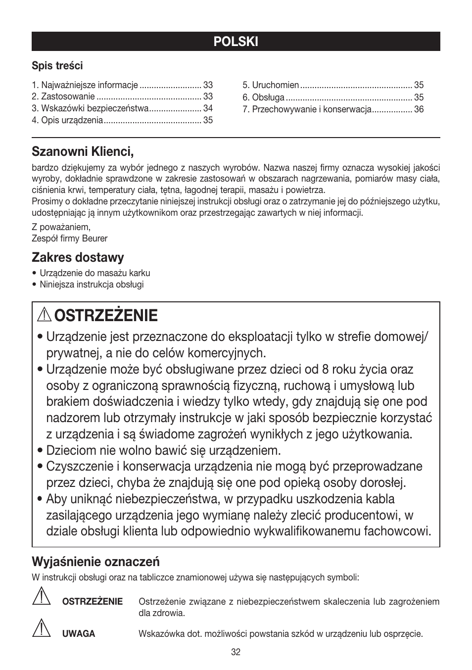 Ostrzeżenie, Szanowni klienci, Zakres dostawy | Polski | Beurer MG 150 User Manual | Page 32 / 36